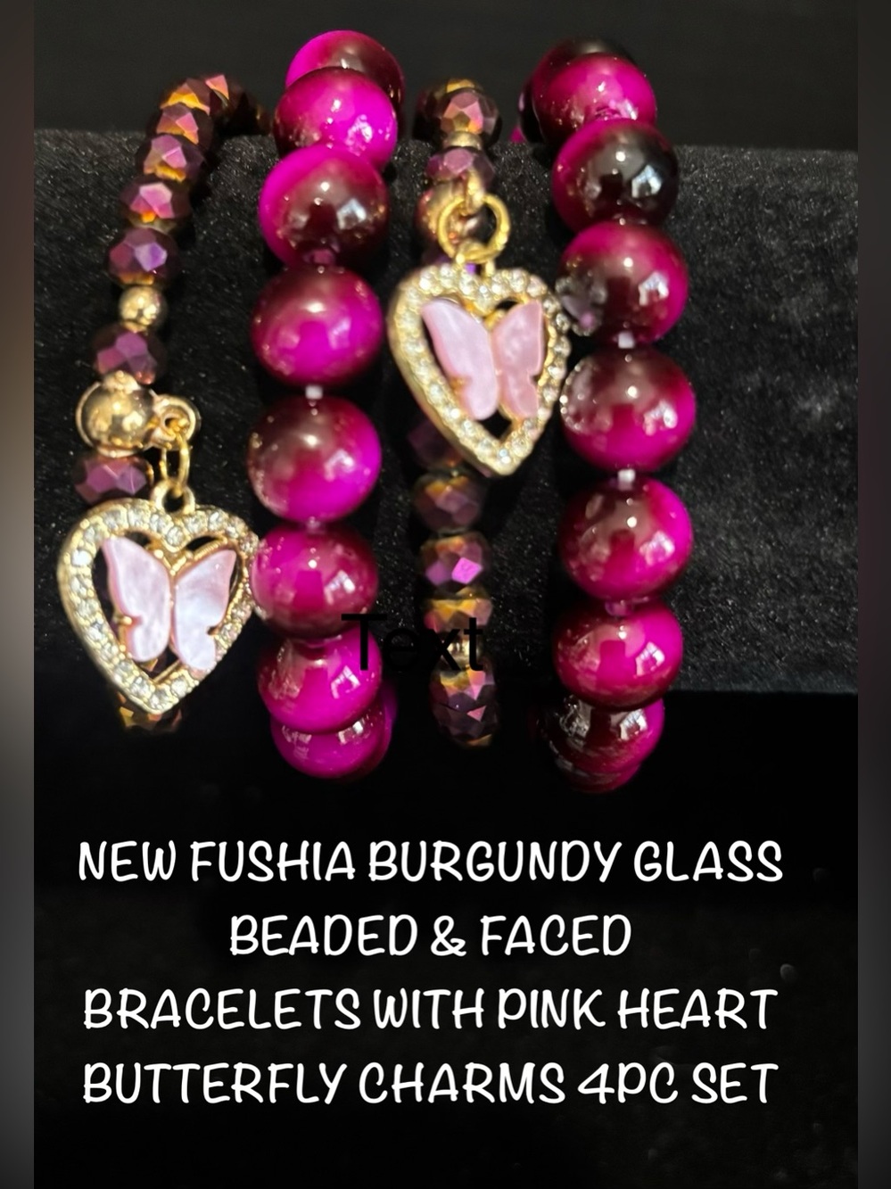New Fuchsia & Burgundy Beaded Bracelet Set with Pink Heart Butterfly Charms 4pc